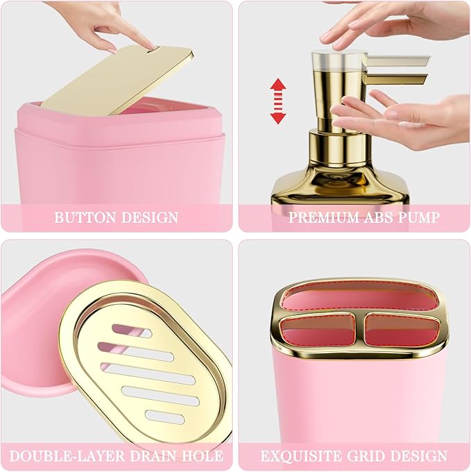 Bathroom Accessory Set, 11PC Bathroom Set, Pink Bathroom Accessories, Bathroom Accessories Set with Trash Can, 3PC Soap Dispensers and Toilet Brush