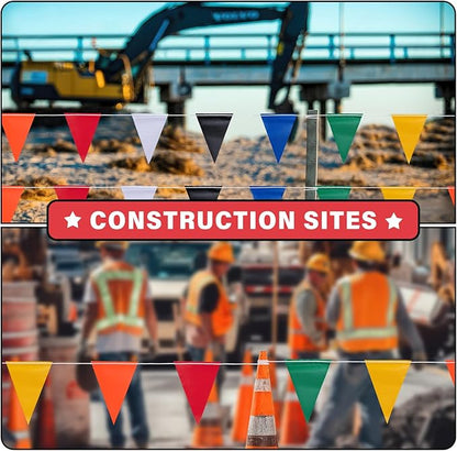 50ft Pennant Banner Flags, 7"x10" Fluorescent Multicolor Safety Flagging Warning Banner for Construction Site/Traffic Control/Boundary Barrier Signs, Perimeter Marking Flags on String, 25 Pcs