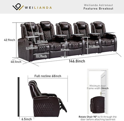 Weilianda Home Theater Seating Top Grain Leather Zero Gravity Recliner Chair Power Headrest Recline Movie Seat Gaming 7 Colors Mood Light Sofa with Tray Table USB Charge Row of 5 Loveseat Left Brown