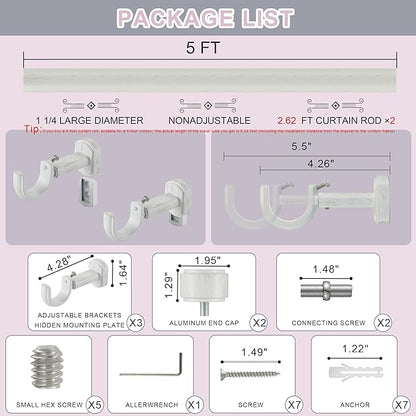 Heavy Duty Curtain Rods,1 1/4" Large Diameter Premium Nonadjustable Curtain Rod,60in/5ft Custom Window Treatment Rods with Durable Aluminum Brackets and End Caps,White Finish