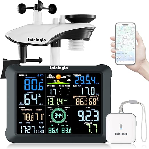 Sainlogic SA9 Plus Smart WiFi Weather Stations Wireless Indoor Outdoor Sensor 24/7 Weather Forecast by Weatherseed® AI,Wind Speed and Rain Gauge Outdoor,UV,Alerts & 2-Year Data Export