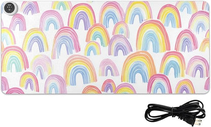 Heated Desk Pad Mouse Pad 31.5x13 Inch PU Leather Desk Mat with 3 Heat Levels Large Mouse Gaming Computer Laptop Mat Gradient Cute Rainbows