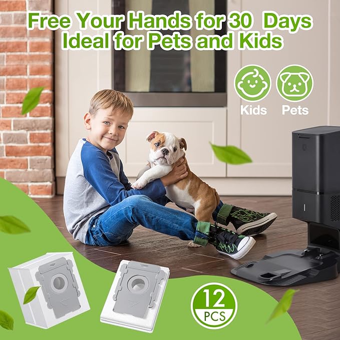12 Pack Vacuum Bags for iRobot Roomba, Effective Dust Filtration, Compatible with i3+ i4+ i5+ i6+ j6+ i7+ j7+ i8+ J8+ J9+ s9+ 104 105 405 505 705 Combo & All Clean Base Auto Dirt Disposal bag