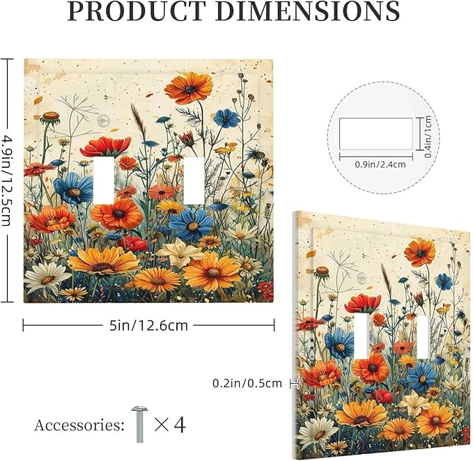 Decorative Switch Plate Covers Colorful Flowers Wildflowers Plants Orange Yellow Blue 2 Gang Double Toggle Light Switch Cover Plate Electrical Wall Plate Outlet Cover for Home Farmhouse