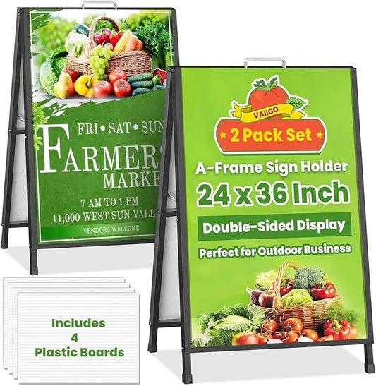 2 Pack A Frame Sign Holder 24x36 Inch, Double-Sided Folding Sandwich Board with Handle, Heavy Duty Metal Sidewalk Sign for Outdoor Business Advertising, Includes 4 Plastic Boards
