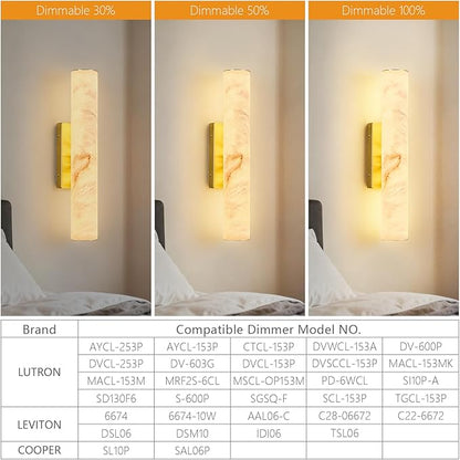LMQNINE Natural Alabaster Wall Sconces Set of Two Spanish Marble Wall Light Cylinder Modern Gold LED Sconce for Living Room Bedroom Bathroo Stairs（S-2Pack）