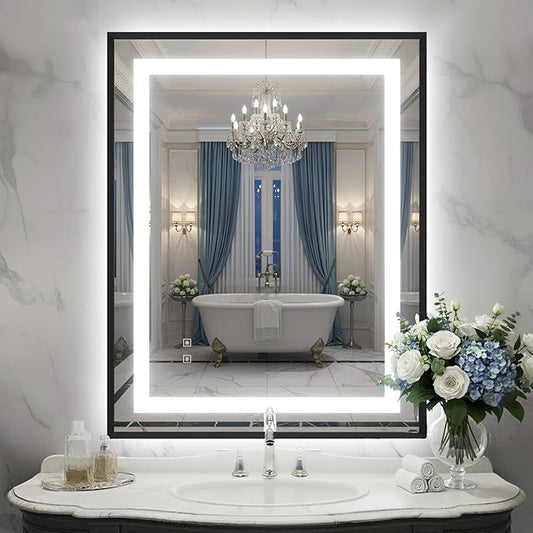 28X36 Inch LED Bathroom Mirror with Lights, Black Frame Frontlit+ Backlit Bathroom Vanity Mirror for Wall, Ultra-Clear Tempered Glass, Shatter-Proof, Anti-Fog and Memory Function, ETL Listed