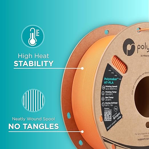 Polymaker HT-PLA Filament 1.75mm Orange, High Temp PLA for 3D Printing, Heat Stable Up to 150°C, Easy to Print, Works with Most FDM Printers, 1kg Spool