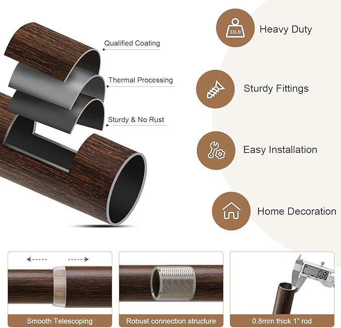 2 Pack Deep Walnut Wood Grain Curtain Rods for Windows 66 to 120 Inches 1" Diameter Heavy Duty Window Curtain Rod Adjustable with Solid Finials for Living Room Bedroom Kitchen Farmhouse Outdoor