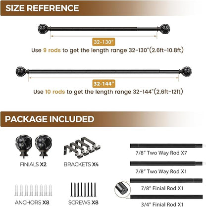 KAMANINA Black Curtain Rod for Windows 72 to 144 Inches (6-12ft) Long Heavy Duty Curtain Rods, 7/8 Inch Adjustable Drapery Rods with Decorative Netted Texture Finials