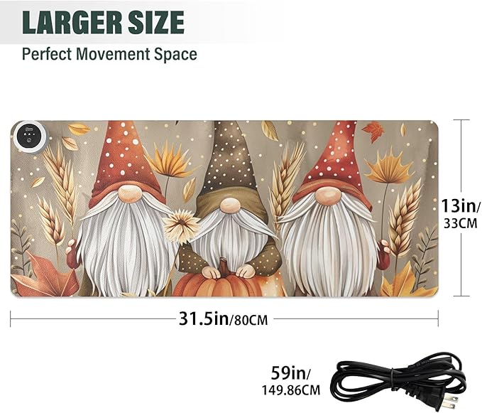 Heated Desk Pad Mouse Pad 31.5x13 Inch PU Leather Desk Mat with 3 Heat Levels Large Mouse Gaming Computer Laptop Mat Pumpkin Gnomes Maple Leaf