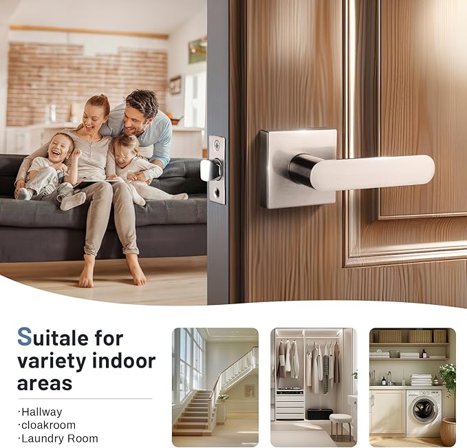 KNOBWELL 2 Pack Interior Door Handle,Satin Nickel Finish Door Levers, Passage Knob for Closet Hallway, Zinc Alloy Construction, 250,000-Cycle Durability