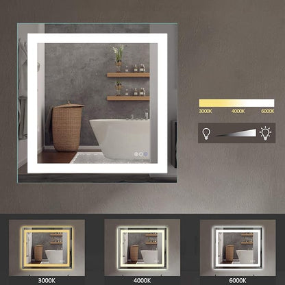 Amorho LED Bathroom Mirror 36"x 36" with Front and Backlight, Stepless Dimmable Wall Mirrors with Anti-Fog, Shatter-Proof, Memory, 3 Colors, Double LED Vanity Mirror