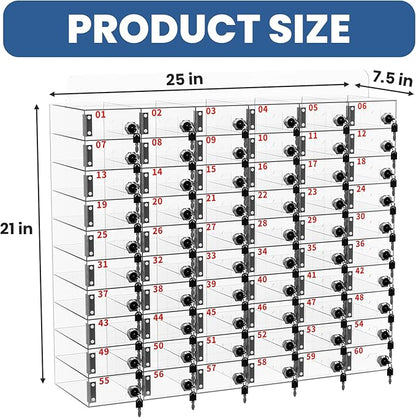 Cell Phone Locker 100 Slots, Wall-Mounted Cell Phone Lock Box with Keys, Acrylic Cell Phone Storage Locker for Employees Office Classroom Gym, Clear Cell Phone Locker Cabinet for Storage (60 Slots)