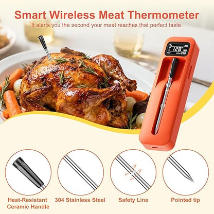 Smart Bluetooth Wireless Meat Thermometer with Ceramic Probe,±1°F Accuracy,IPX8,Real-Time Readings from App or Standalone Display Base for BBQ,Grill,Smoker,Steak,Turkey,Chicken,Pork,Lamb