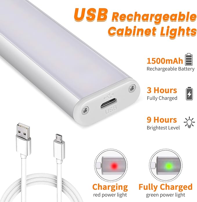 Wireless Motion Sensor Light Indoor, 80 LED Dimmable Closet Lights Rechargeable Under Cabinet Lighting, Magnetic Stick-on Under Counter Lights for Kitchen, Wardrobe, 3-Pack