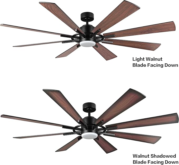WINGBO 60" DC Ceiling Fan with Lights and Control, Matte Black Ceiling Fan with Walnut/Walnut Shadowed Reversible Blades, 6-Speed DC Motor, 8 Blade Wood Ceiling Fans for Kitchen Bedroom Living Room