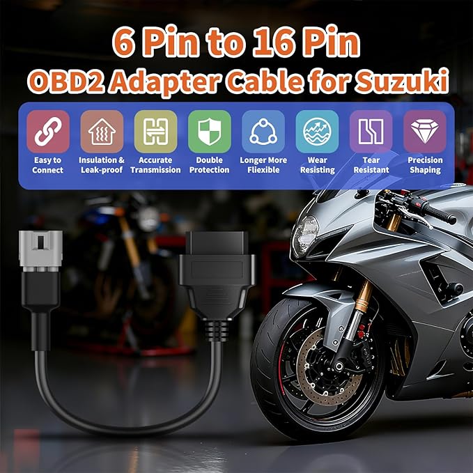 OBD2 Adapter Cable Fits for Suzuki Guzzi Kawasak and More Motorcycles, 6Pin to 16Pin OBD2 Diagnostic Adapter Cable Works with All OBDII Scanner