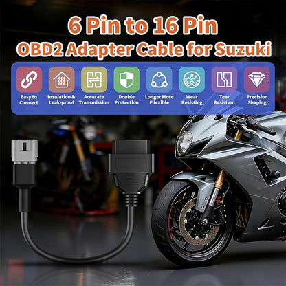 OBD2 Adapter Cable Fits for Suzuki Guzzi Kawasak and More Motorcycles, 6Pin to 16Pin OBD2 Diagnostic Adapter Cable Works with All OBDII Scanner