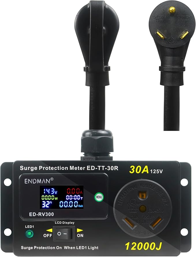 RV 30 Amp Surge Protector with Power Meter (kWh) - 12,000 Joules High Surge Guard - Real-Time Voltage & Amp Monitor for Travel Trailers (NEMA TT-30P)