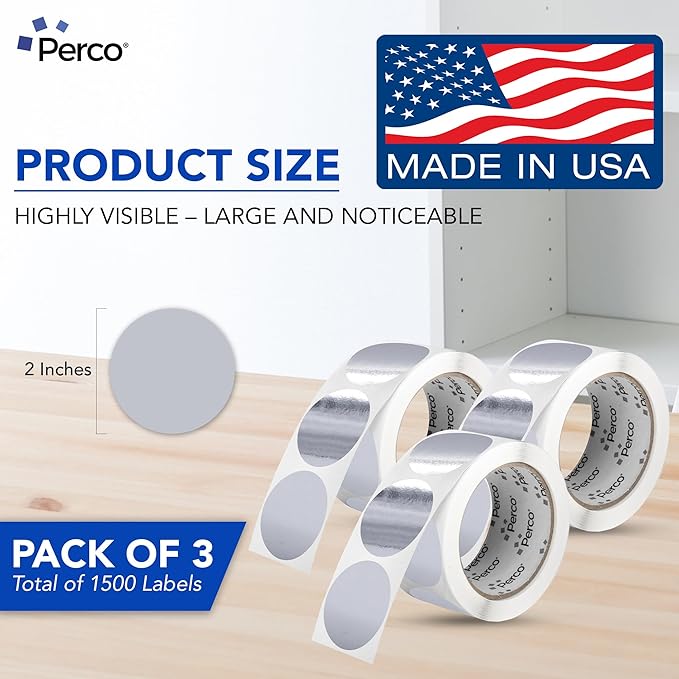 Perco Metallic Silver 2" Round Circle Dot Sticker Labels for Wedding Invitations - Multi-Roll Pack (3 Rolls, 500 Labels Each) - Permanent Adhesive, Vibrant Colors, Perforated for Easy Use, Made in USA