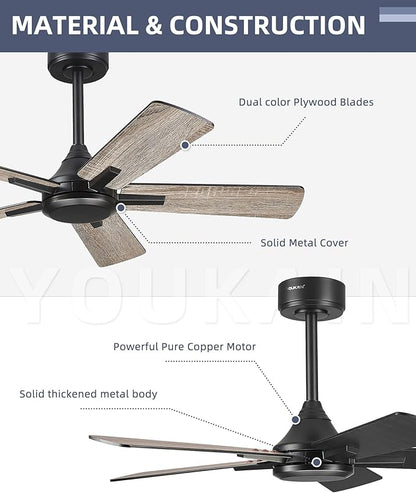 YOUKAIN Ceiling Fan No Light, 42 Inch Black Modern Ceiling Fans, Smart Ceiling Fan Works with Voice Control & Remote Control, Reversible Blades, Outdoor Ceiling Fans for Living room, 42-YJ812-BK-NL