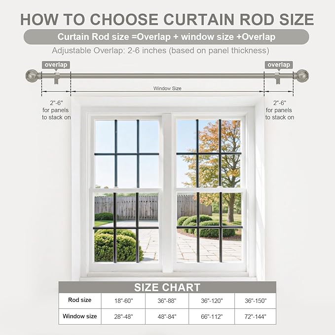 Silver Curtain Rods for Windows 48 to 84 Inch 7/8" Diamete Heavy Duty Adjustable Window Curtain Rod with Decorative Finials for Farmhouse Bedroom Living Room Kitchen Outdoor