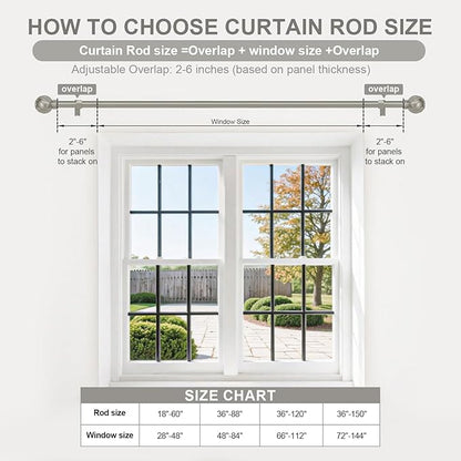 Silver Curtain Rods for Windows 66 to 120 Inch 7/8" Diamete Heavy Duty Adjustable Window Curtain Rod with Decorative Finials for Farmhouse Bedroom Living Room Kitchen Outdoor