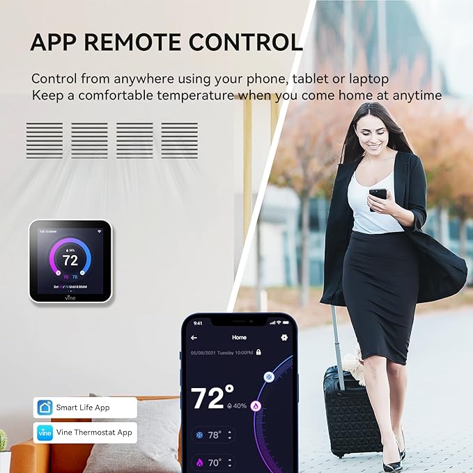 vine Programmable Thermostat for House with 4.0" Touch Screen, WiFi Smart Home Thermostat for AC and Heating, App/Voice Control, Valentine's Day Decorations, C-Wire Required, Grey