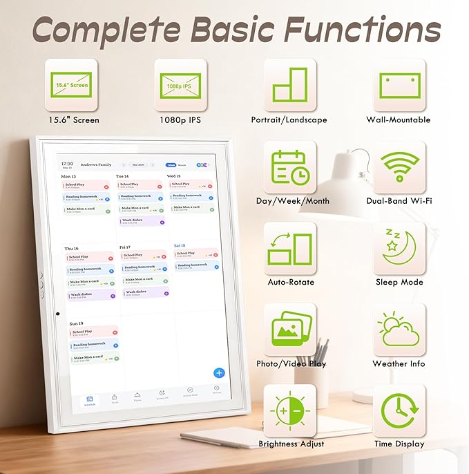 UPGRADED 15.6" Digital Calendar, Smart Touchscreen Chore Chart & Planner with Mobile Interconnection, Multi-functional Electronic Calendar for Schedule, Meal Planner, Chore Chart, Photo Display