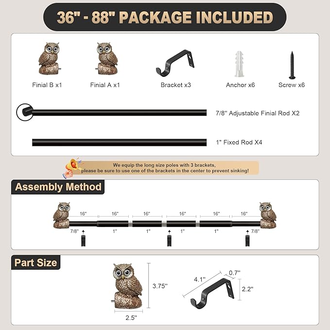 Vintage Decorative Black Curtain Rods for Windows 48 to 84 Inch Adjustable Heavy Duty 1'' Diameter Curtain Rod with Owl Finials for Bedroom Living Room Kitchen Farmhouse (36-88'')