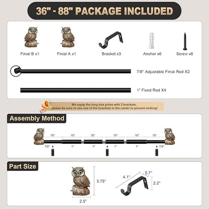 Vintage Decorative Black Curtain Rods for Windows 48 to 84 Inch Adjustable Heavy Duty 1'' Diameter Curtain Rod with Owl Finials for Bedroom Living Room Kitchen Farmhouse (36-88'')