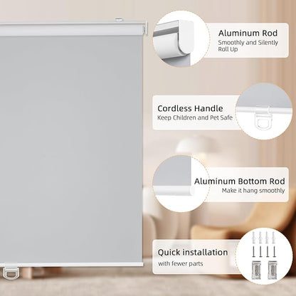 ChrisDowa Cordless Blackout Roller Shades for Windows, Thermal Insulated UV Protection Pull Down Shades, Total Blackout Window Blinds for Home, Office, Bedroom, Door (71" W x 72" H, Grey)