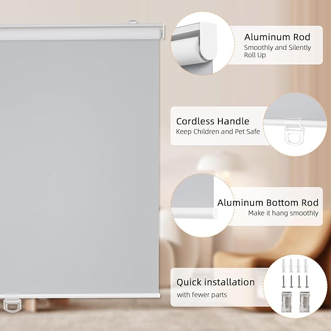ChrisDowa Cordless Blackout Roller Shades for Windows, Thermal Insulated UV Protection Pull Down Shades, Total Blackout Window Blinds for Home, Office, Bedroom, Door (28" W x 72" H, Grey)