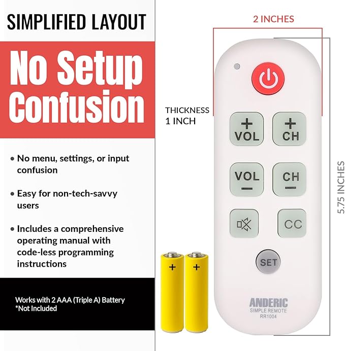 Anderic RR1004 Big Button TV Remote Control – Senior Friendly, Easy-to-use with Glow Keys, Simple Layout – Ideal for Elderly Care & Assisted Living – Compatible with Most IR TVs - White - 1 Pack