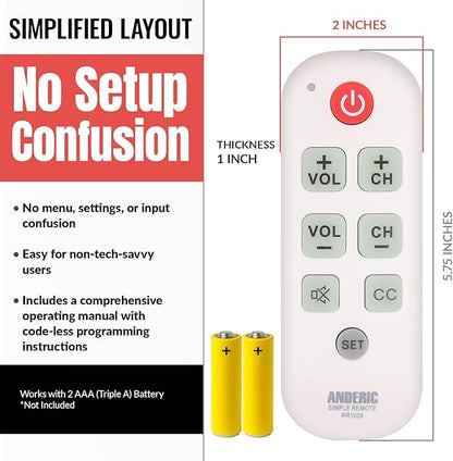 [10 Pack] Anderic Easy Big Button Universal TV Remote Control. Easy to Use, Learning, Glow Keys - Television & Cable Box Controller, Perfect for Assisted Living Elderly Care - White - RR1004