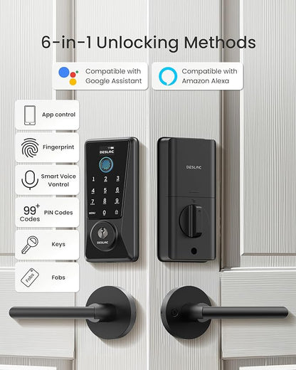 DESLOC D110 Plus Built-in Wi-Fi Smart Lock with 2 Lever Handles, Fingerprint Keyless Entry Door Lock Set, Touchscreen Keypad Deadbolt with Backlit, Remote Control, BHMA 3, IP54 Waterproof, Auto Lock