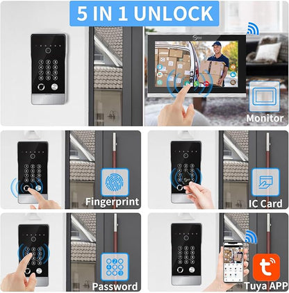 Wired Video Door Phone Apartment Intercom System,10 Inch Touch Monitor with 1080P doorbell,Support Fingerprints, RFID Cards,Passwords,Unlock Motion Detection for Home (2 Doorbell + 3 Monitor)