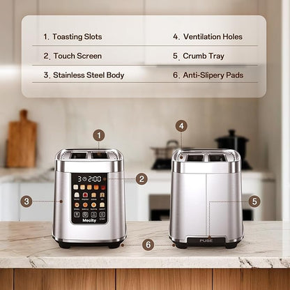 Mecity Motorized Toaster 2 Slice with Touch Screen, Stainless Steel Smart Toaster, 8 Bread Types, 5 Shade Levels, 1200W High Power, Keep Warm Mode, Reheat Defrost Functions, 120V