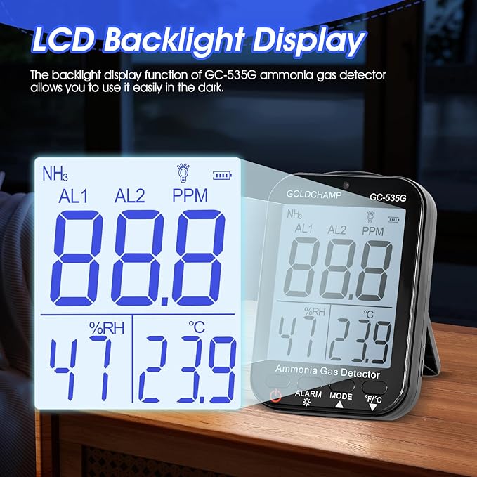 Portable Ammonia Gas Detector | 0-100 PPM Rechargeable Ammonia Gas Monitor | Resolution 0.1ppm with Temperature(℉/℃) | Humidity | Backlight Display | Dual Alarm for Poultry, Farm, Home GC-535G