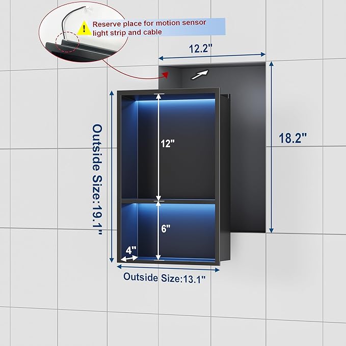 Stainless Steel Shower Niche 12" X 18", No Tile Needed Wall Niche with RGB Led Light, Recessed Shower Shelf for Bathroom Storage Over Mount Installation, Matte Black