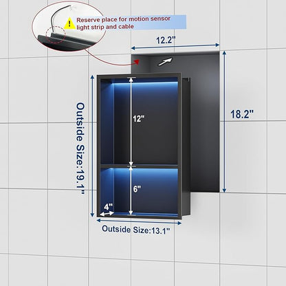Stainless Steel Shower Niche 12" X 18", No Tile Needed Wall Niche with RGB Led Light, Recessed Shower Shelf for Bathroom Storage Over Mount Installation, Matte Black