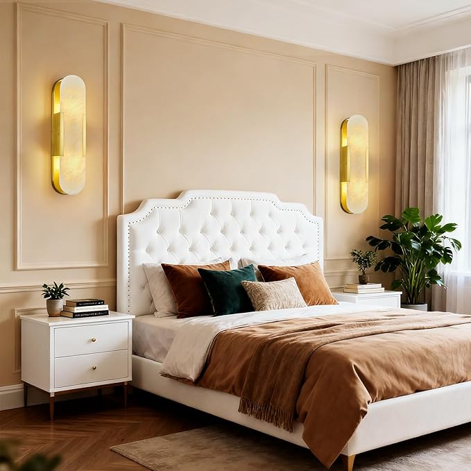 Brass Alabaster Wall Sconces Set of Two, Modern Natural Marble Wall Sconces for Indoor Lighting, 19.7 in Gold Wall Lights for Bathroom Dining Room Stairs Bedroom