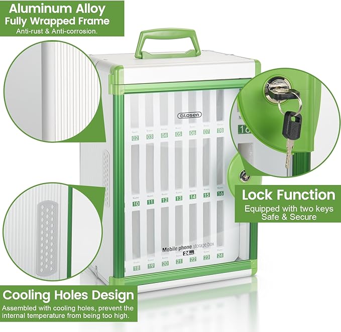 Glosen 24 Slots Cell Phone Locker, Portable Phone Storage Cabinet [Wall Mounted] [Aluminum Alloy] Cellphone Lock Box with Key & Handle for School Classroom Office Exam (Green)
