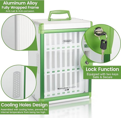 Glosen 24 Slots Cell Phone Locker, Portable Phone Storage Cabinet [Wall Mounted] [Aluminum Alloy] Cellphone Lock Box with Key & Handle for School Classroom Office Exam (Green)