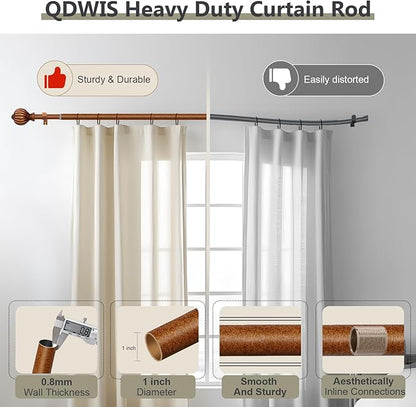 Imitation Wood Curtain Rods for Windows 72 to 144 Inch, 1 Inch Adjustable Heavy Duty Decorative Drapery Rods with Classic Finials, Red Imitation Wood Window Curtain Pole, Size 36-150''