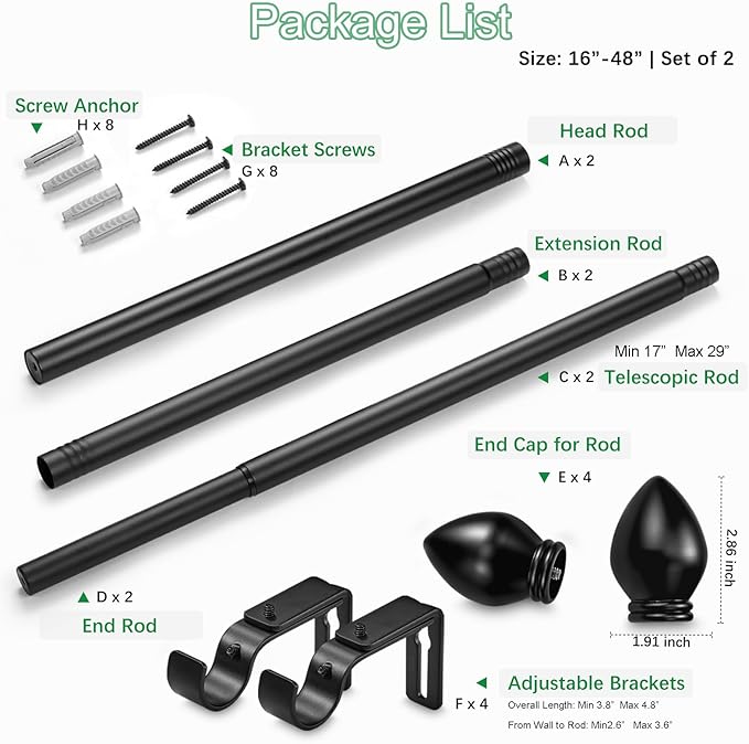 Curtain Rods for Windows 16 to 48 inches, Curtain Rod Max Adjustable Length to 60 in, Drapery Rod 1 inch Diameter with Modern Knobs Finials (Black, 16" to 48" - Set of 2)