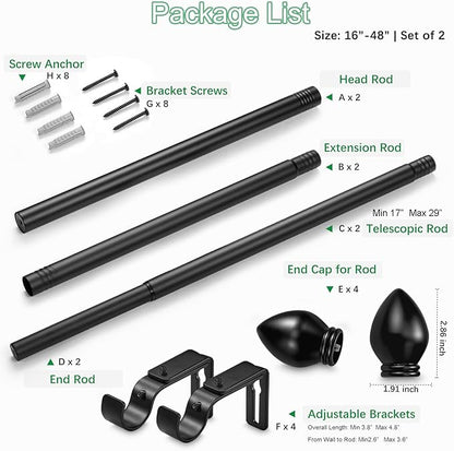 Curtain Rods for Windows 16 to 48 inches, Curtain Rod Max Adjustable Length to 60 in, Drapery Rod 1 inch Diameter with Modern Knobs Finials (Black, 16" to 48" - Set of 2)