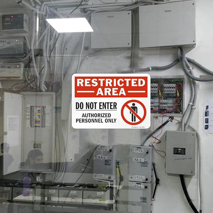 SmartSign 7 x 10 inch “Restricted Area - Do Not Enter, Authorized Personnel Only” Sticker Label with Symbol, 3 mil Laminated Adhesive Polyester, Red, White and Black, Made in USA
