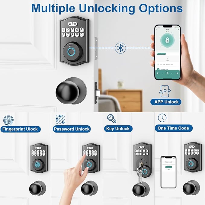 Fingerprint Door Lock with Door Knobs Set, Keyless Entry Door Lock Deadbolt with Handle, Smart Front Door Lock Set with APP Control/Fingerprints/Passwords/Auto-Lock/Easy Installation Black